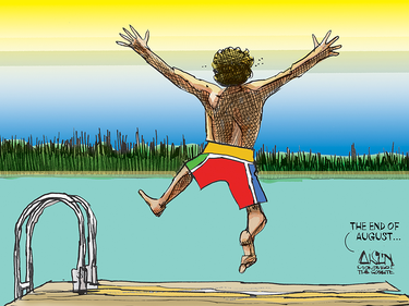 Cartoon of a man jumping off a dock into a lake with the caption "The end of August"