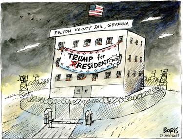 Cartoon of Folsom Prison. A sign hangs out front with the P crossed off so it reads "Trump for resident" instead of "Trump for president"