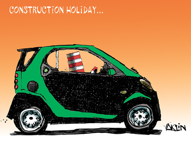 Cartoon of a Smart car with an orange traffic cone at the wheel. Text above it says "Construction holiday..."