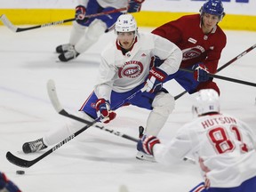 Canadiens first round draft pick David Reinbacher controls the puck at the Canadiens’ Development Camp with their top prospects at the Bell Sports Complex in Brossard on Sunday, July 2, 2023.
