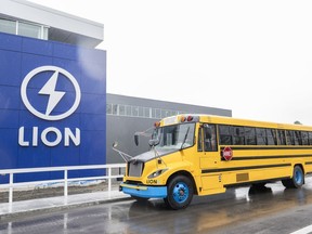 A school bus sits outside the Lion Electric factory