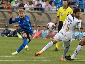 CF Montreal's Bryce Duke scores against Pumas UNAM during the first half of a Leagues Cup soccer match in Montreal on Saturday, July 22, 2023.