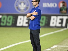 CF Montreal head coach Hernan Losada looks on from the sideline during second half MLS soccer action against Atlanta United in Montreal, Saturday, July 8, 2023.