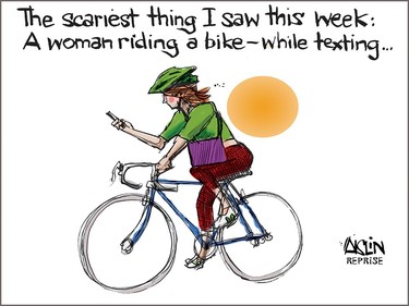 Cartoon of a woman looking at her phone while riding a bike accompanies the following headline "The scariest thing I sw this month was a woman riding a bike — while texting"