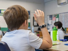 A student raises his hand in class.