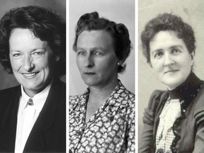 File headshots of Montreal pioneers Thérèse Daviau, left, Kathleen Fisher and Robertine Barry.