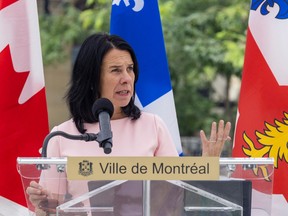 Montreal Mayor Valérie Plante speaks about tourism in the city during a downtown press conference on Tuesday, Aug. 15, 2023.