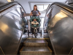 Zoe Belk says the escalator in Central Station leading to the tunnel to the Bonaventure métro is too narrow to take her baby stroller down.