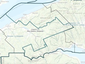 A map showing current and new boundaries of federal electoral districts in eastern Quebec