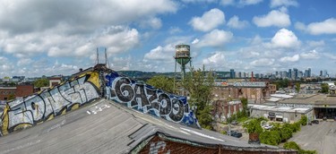 Graffiti marks the roof of a building on Pitt St. with the city skyline behind it.