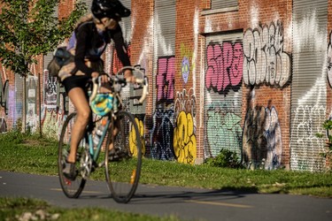 A cyclist in shorts on a blue bike gazes at graffiti as she rides along a paved path on the Lachine Canal.