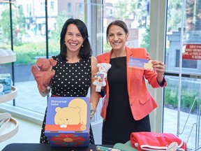 Montreal mayor valerie plante and city councillor despina sourias holding baby supplies