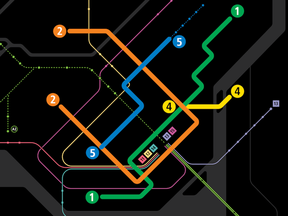Map showing simplified métro lines with numbers and colours