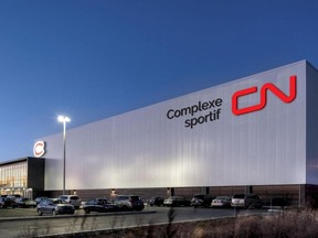 Mockup of new signage saying "Complexe sportif CN"