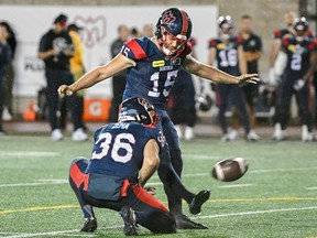 Alouettes kicker David Côté connects on one of his six field goals last week.