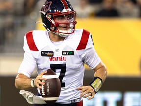 Alouettes quarterback Cody Fajardo carries the ball during second half CFL football game action against the Tiger-Cats in Hamilton on Saturday, Aug. 5, 2023.
