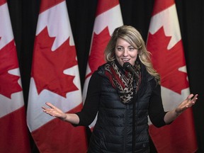 Foreign Affairs Minister Mélanie Joly speaks to the media at the Hamilton Convention Centre, in Hamilton, Ont., ahead of the Liberal Cabinet retreat, on Monday, Jan. 23, 2023.