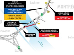 Map showing closures on Route 138 — one span of the Mercier Bridge, and the eastbound highway as of Clément St.