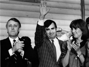 Brian Mulroney, Lucien Bouchard and Mila Mulroney, in Chicoutimi on June 12, 1988, in the run-up to the June 20 Lac St-Jean federal by-election in which Bouchard was elected. Photo was published June 18.