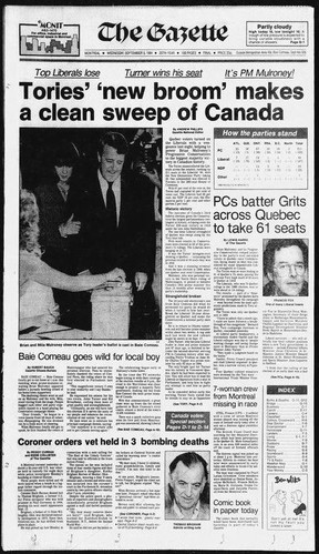 Front page of the Gazette on Sept. 5, 1984, after Brian Mulroney and his Progressive Conservatives won a landslide victory.