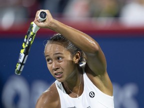 Leylah Fernandez of Laval hits a return to Danielle Collins of the United States during the National Bank Open tennis tournament in Montreal, Thursday, Aug.10, 2023. Fernandez fell 6-3, 6-2 to Germany's Tatjana Maria in the quarterfinals of the Tennis in the Land WTA 250 event on Thursday.