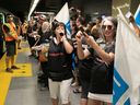 Members of the Fédération interprofessionelle de la santé du Québec held a protest outside and inside the Montmorency métro station in Laval on Wednesday September 6, 2023. They are protesting the slow pace of contract negotiations with the Quebec government.