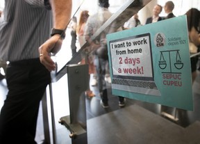 Protest stickers were posted around the Concordia University Engineering, Computer Science and Visual Arts Complex on Thursday Sept. 7, 2023 against the requirement for certain employees to return to campus four days a week.