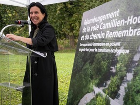 Montreal Mayor Valérie Plante stands at a podium at Mount Royal Park during a news conference.