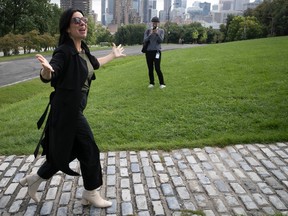 Montreal Mayor Valérie Plante arrives at the foot of Mount Royal to address reporters on the city's plan to revamp the mountain.