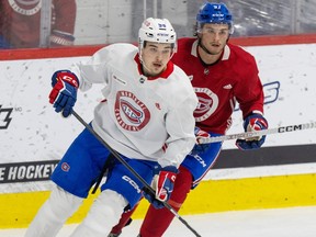Florian Xhekaj, left, and Joshua Roy take part in Montreal Canadiens rookie camp at the CN Sports Complex in Brossard on Thursday, Sept. 14, 2023.