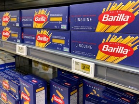 Barilla pasta products on the shelves of a grocery store in Montreal on Friday, Sept. 15, 2023.
