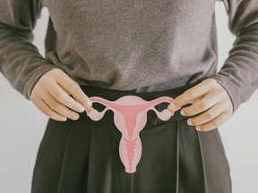A person holds a paper cutout of a uterus.