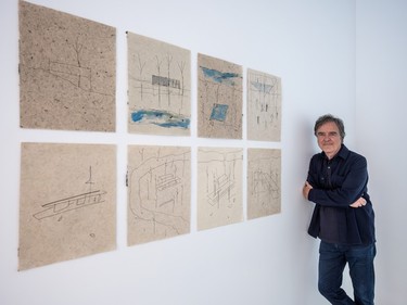 Architect Pierre Thibault with eight sketches he created for the exhibition during his own residency at the Grantham Foundation for the Arts and the Environment last winter.