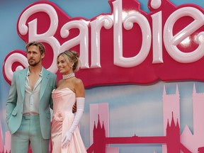 Ryan Gosling and Margot Robbie attend the European premiere of Barbie in London, England, on July 12, 2023.