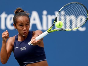 Leylah Fernandez of Laval returns a shot against Ekaterina Alexandrova of Russia during their Women's Singles First Round match on Day Two of the 2023 US Open at the USTA Billie Jean King National Tennis Center on Aug. 29, 2023, in the Flushing neighbourhood of the Queens borough of New York City.