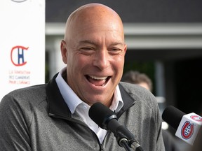 General manager Kent Hughes is seen laughing at the Canadiens' annual golf tournament on Monday in Laval.