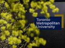 A sign for Toronto Metropolitan University is shown in Toronto on Wednesday, April 26, 2023.