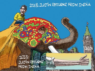 Editorial cartoon shows Justin Trudeau returning from India in 2018 riding an elephant. In 2023, “Justin returns from India” giving a thumbs-up with a rolled-up sleeve.