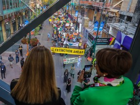 Women look out a window at a climate demonstration. A yellow banner reads: Extinction Ahead.