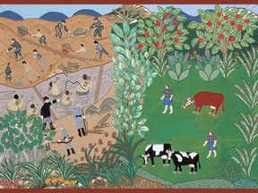 One one site, people are working in fields with Nazis watching and whipping them. On the other, two girls tend cows in a green pastrure.