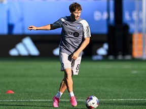 CF Montréal attacking midfielder Matko Miljevic, wearing a grey shirt, white shorts and pink shoes, warms up before a match in Charlotte, N.C., this past June.