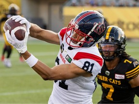 Alouettes wide receiver Austin Mack (81) makes a catch against the Tiger-Cats in Hamilton on Aug. 5, 2023. Montreal can clinch an East Division playoff berth with a victory Saturday, Sept. 30, 2023, at Ottawa.