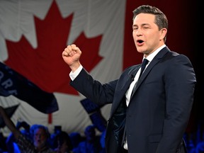 Conservative Leader Pierre Poilievre speaks to delegates at the Conservative Party Convention on Friday, Sept. 8, 2023, in Quebec City.