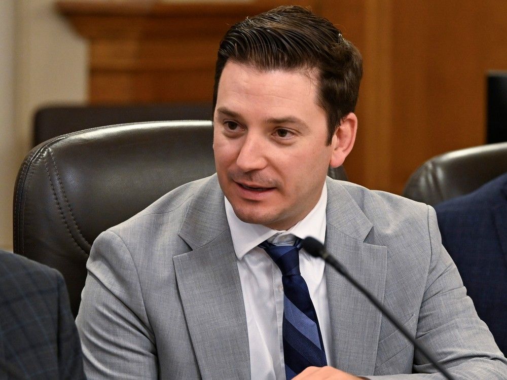 Quebec Government House Leader and Justice Minister Simon Jolin-Barrette speaks at a legislature committee studying a legislation on planned obsolescence, Tuesday, Sept. 12, 2023 at the legislature in Quebec City.