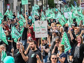 People take part in a public sector union demonstration in Montreal on Saturday, Sept. 23, 2023.