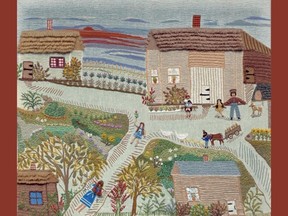 Tapestry of farm life, with buildings, horse and cart, people and animals.