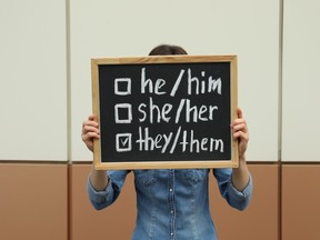 A person is holding a chalkboard with a list of gender pronouns.