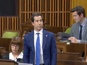 Liberal MP Anthony Housefather stands in the House of Commons to vote against a procedural motion on Bill C-13, the federal bill to reform the Official Languages Act.
