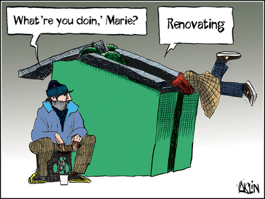 A man is sitting on a crate in front of a green dumpster as a woman dives into the dumpster with just her legs visible. He says "what are you doing, Marie?" to which she replies "Renovating."