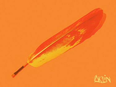 Drawing of a feather against an orange background